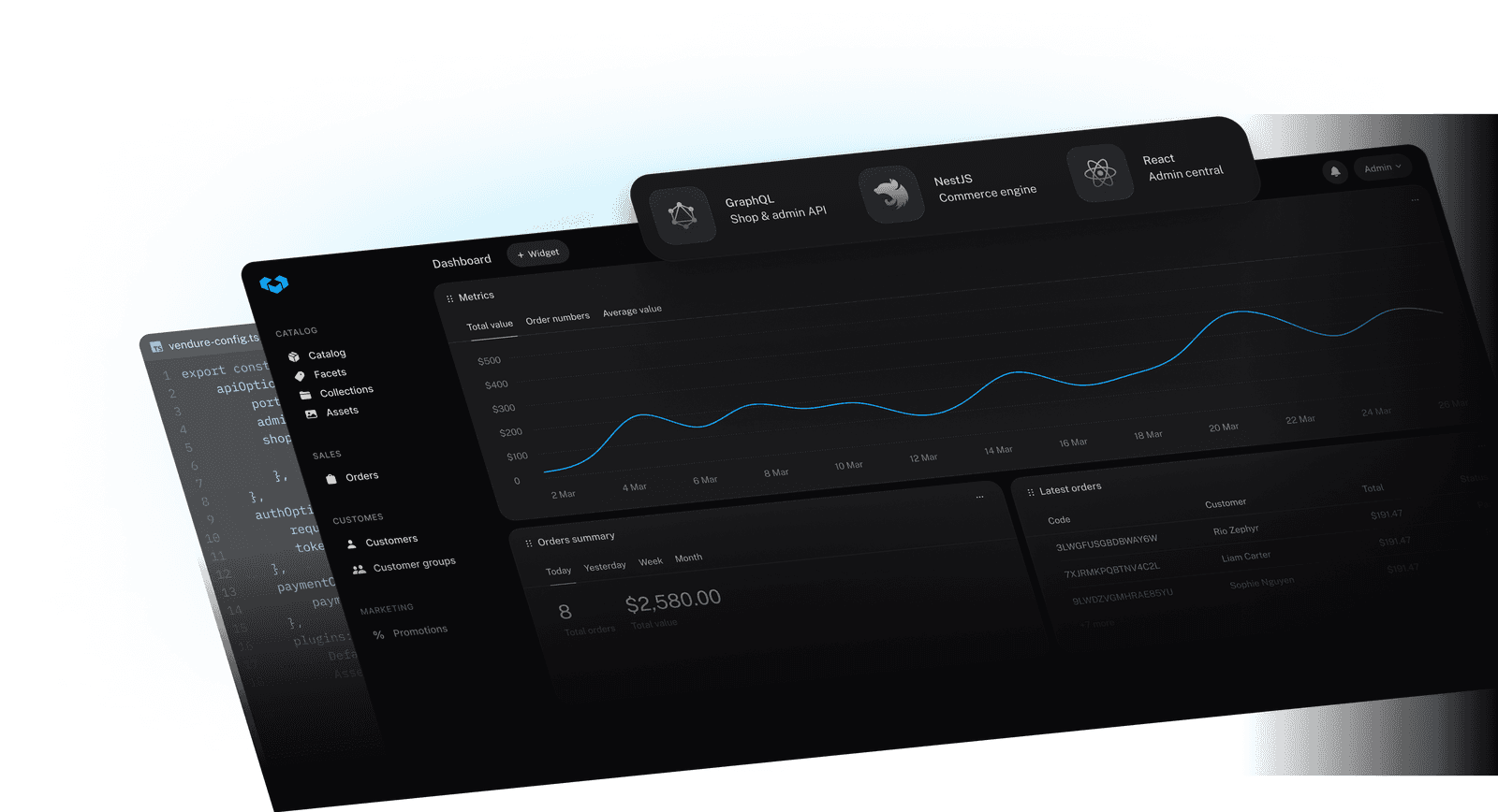 Vendure Dashboard interface and technology stack of Vendure