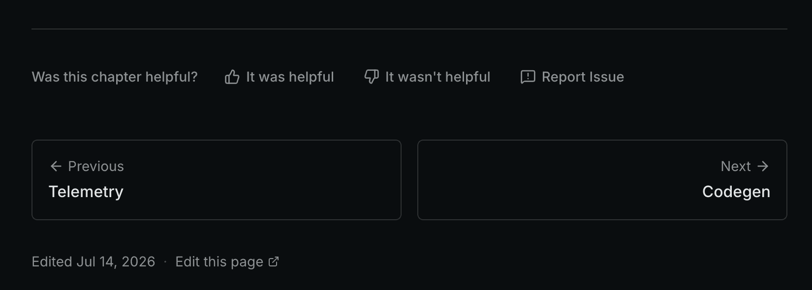 The feedback controls at the bottom of a Vendure documentation chapter