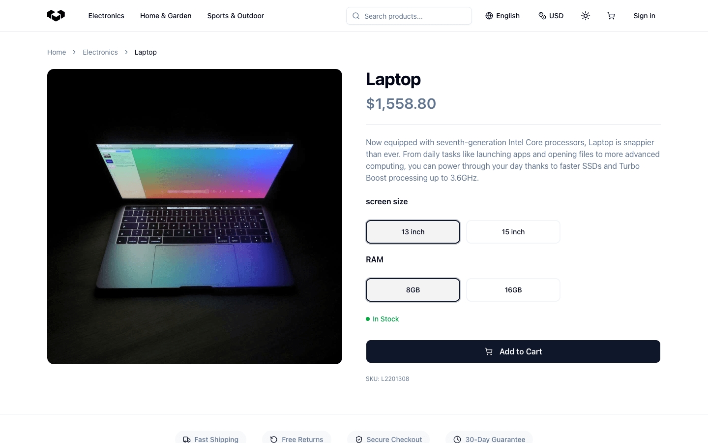 The Vendure TanStack Start storefront product page with laptop variants selected and the add-to-cart action available
