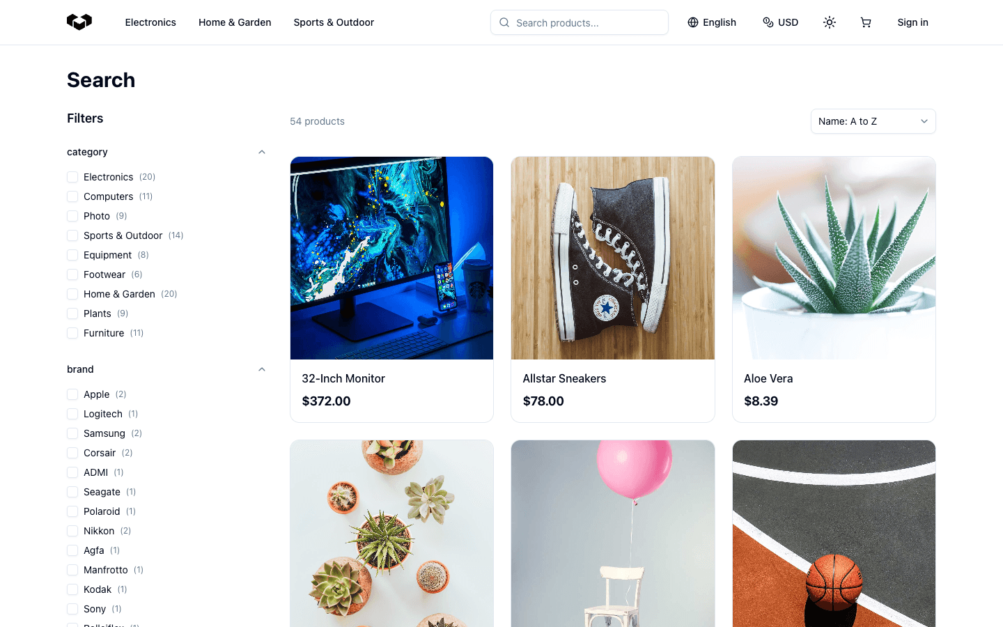 The Vendure TanStack Start storefront showing faceted product search, sorting, and a product grid