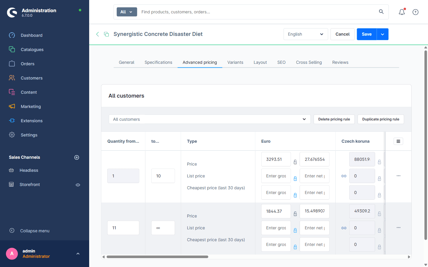 Shopware administration, Advanced pricing tab: rule prices on a product, with a quantity tier for the All customers rule
