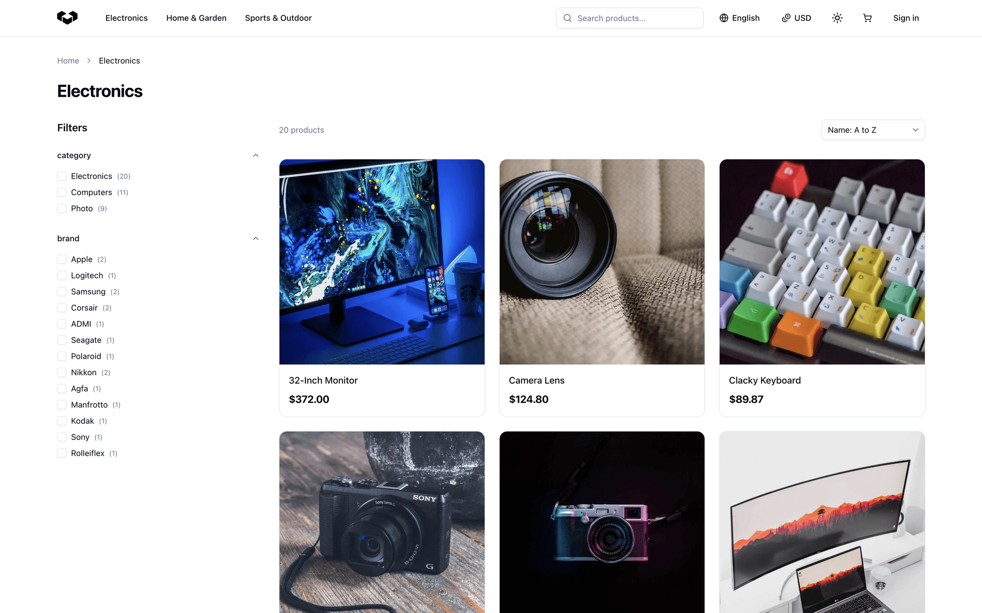 Vendure open-source Next.js storefront starter showing an electronics category page
