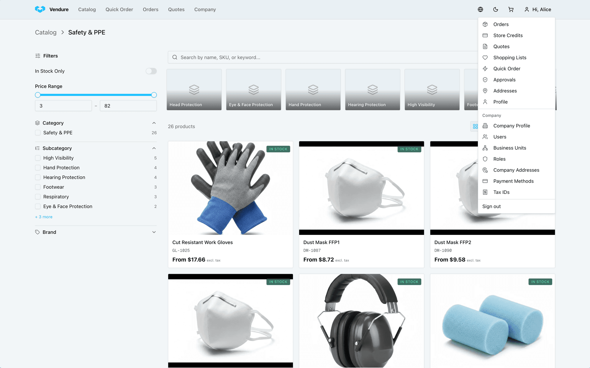 Vendure Platform enterprise B2B storefront showing a safety and PPE catalogue with the company account menu open
